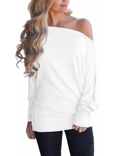 Eniloyal Longsleeve Damen Schulterfreies Oberteil Langarmshirt Off Shoulder Shirt Fledermaus Langarm Oversized Longshirt Baumwolle Herbst Weiss M von Eniloyal