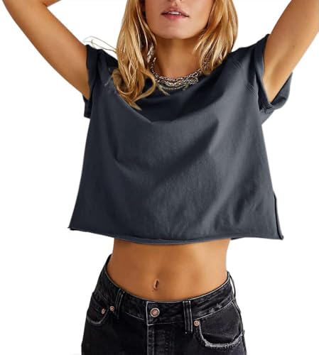 Eniloyal Cropped Shirt Damen Sommer Tshirt Crop Tops T-Shirt Kurzarm Sport Oberteil Bauchfrei Kurz Locker Luftig Baumwolle Dunkelgrau von Eniloyal