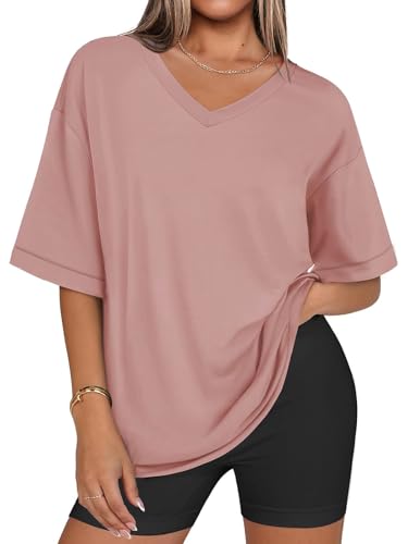 Eniloyal Oversize Shirt Damen V Ausschnitt Tshirt Sommer Basic T-Shirt Kurzarm Elegant Oberteil Locker Luftig Baumwolle Longshirt Bluse Rosa S von Eniloyal