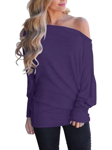 Eniloyal Oversized Tshirt Langarm Pullover Damen Schulterfrei Langarmshirt Sweatshirt Locker Longshirt Elegante Oberteile One Shoulder Herbst Lila S von Eniloyal
