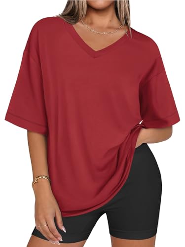 Eniloyal Rotes Tshirt Damen V Ausschnitt Longshirt T-Shirt Sommer Oversize Basic Shirt Kurzarm Oberteile Locker Baumwolle Elegant Tops Rot XL von Eniloyal