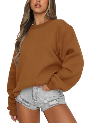 Eniloyal Sweatshirt Damen Pullover ohne Kapuze Langarmshirt Pulli Fleecepullover Baumwolle Hoodie Rundhalsausschnitt Herbst Winter Dunkelbraun Braun Karamell von Eniloyal