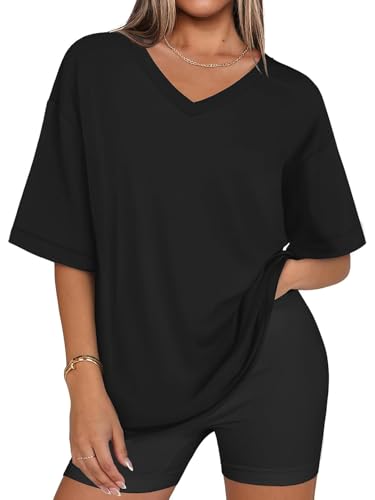 Eniloyal T-Shirt Damen Oversize Shirt V Ausschnitt Tshirt Kurzarm Sommer Basic Tops Longshirt Baumwolle Elegant Locker Oberteil Lässig Bluse Schwarz XXL von Eniloyal