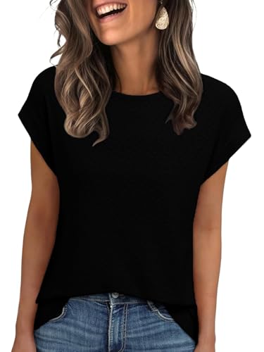 Eniloyal T-Shirt Damen Sommer Bluse Elegant T-Shirt Locker Oberteil Casual Kurzarm T Shirts Rundhals Tunika Top Schwarz M von Eniloyal