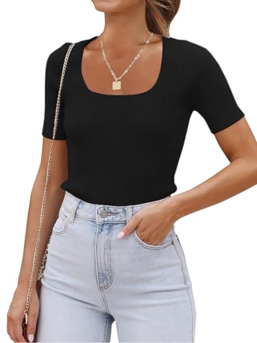 Eniloyal T-Shirt Damen Sommer Eckiger Ausschnitt Enges Oberteil Elegant Einfarbige Modern Basic Tshirts Kurzarm Eckigem Shirt Schwarz M von Eniloyal
