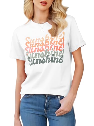 Eniloyal T Shirt Damen Weiss Rundhals Tshirt Kurzarm Baumwolle Vintage Graphic Oberteil Basic Elegant T-Shirt Sommer Locker Weiß von Eniloyal