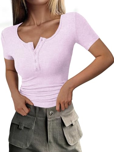 Eniloyal T-Shirts für Damen Oberteile Baumwolle Eng V Ausschnitt Elegant RIPP Shirt Rip Kurzarm Summer Tops Rosa Grau M von Eniloyal