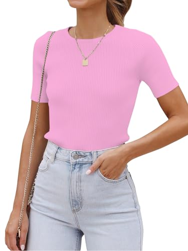 Eniloyal T-Shirts für Damen Oberteile Baumwolle Locker Rundhals elegant RIPP Shirt Rip Kurzarm Summer Tops Rosa L von Eniloyal