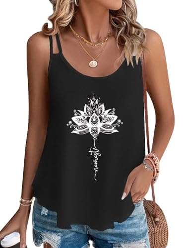 Eniloyal Tank Top Damen Sommer Elegant Spaghetti Oberteile Ärmellos Basic Shirt Bedrucken Oberteile Spaghettiträger Locker Namaste Schwarz XL von Eniloyal