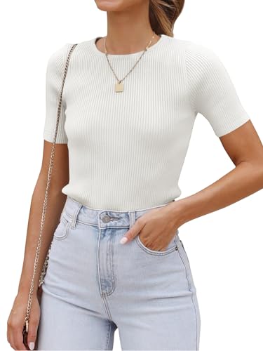 Eniloyal Tshirt Damen Elegant Sommer Basic Oberteile Kurzarm Outfits Arbeitsshirt Leicht Luftig Rippshirt Shirt RIPP Ripped Weiss S von Eniloyal