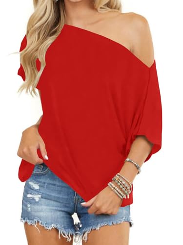 Eniloyal Tshirt Damen Elegant Sexy One Shoulder Oberteil Oversized T Shirt Damen Shirts Fledermausärmel Kurzarm Basic T-Shirts Schulterfreies Tops Rot M von Eniloyal