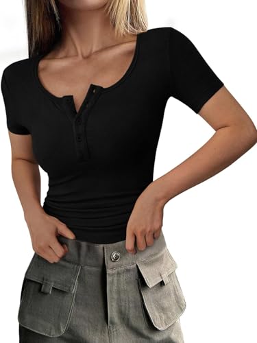 Eniloyal Tshirt Damen Sommer U-Ausschnit Shirt RIPP Kurzarm Oberteil Eng Elegant Basic T-Shirt Baumwolle Stretch Stretch Knopfleiste Schwarz M von Eniloyal