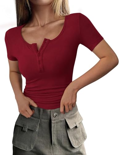 Eniloyal Tshirt Damen Sommer V-Ausschnit Shirt RIPP Kurzarm Oberteil Eng Elegant Basic T-Shirt Baumwolle Stretch Stretch Knopfleiste Bordeaux L von Eniloyal