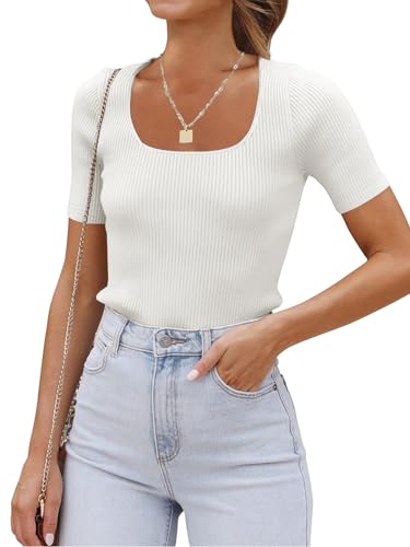 Eniloyal Tshirt Damen Weiss Basic Shirts Enges Elegant Einfarbige T-Shirts Sommer Kurzarm Oberteile Eckiger Ausschnitt Business Outfit Weiß L von Eniloyal