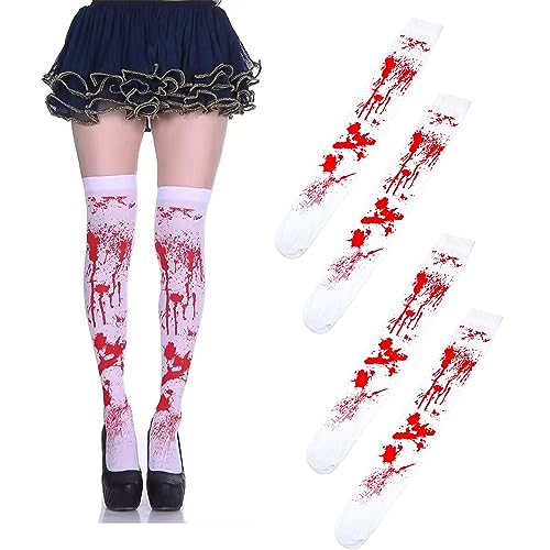 EnixwH 2 Paar Halloween Blutige Socken, Halloween Blut Socken, Halloween Overknee Socken, Blutiger Aufdruck, Oberschenkelhohe Socken, Damen Cosplay Kostüm für Party, Maskerade, Festival, Anzieh von EnixwH