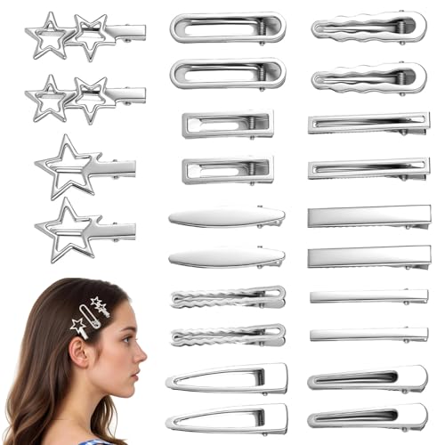 EnixwH 24 Stück Haarspangen Damen Klein Haarspange Metall Star Hair Clips Haarklammer Silber, Silberne Rutschfeste Haarspangen mit Ausgehöhlten Sternen, für Party Hochzeit Tägliches Kleid von EnixwH
