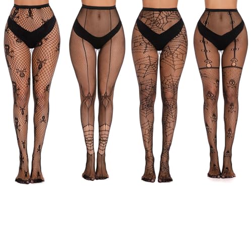 EnixwH 4 Paar Halloween Stockings Schwarze Strümpfe, Netzstrumpfhose Schwarz, Netzstrümpfe Schädel Spinnennetz Hohe Taille Mesh Strumpfhosen Strümpfe, Netzstrumpfhose Strumpfhosen für Frauen von EnixwH