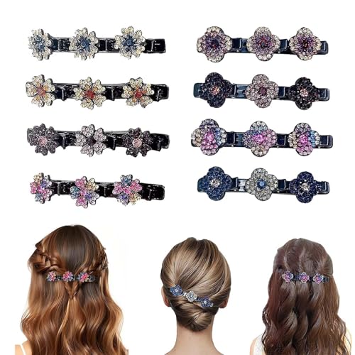 EnixwH 8 Pcs Glitzernde Kristall Stein Geflochtene Haarspangen, Haarspangen Damen, Blumen Haarklammer mit 3 Mini Haarspangen, Doppelschicht Haarspangen für Frauen Mädchen, Strass Haarspange von EnixwH