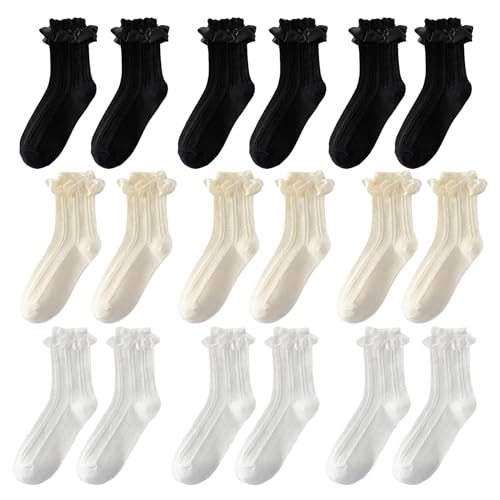 EnixwH 9 Paar Rüschen Socken Damen, Rüschensocken In Einheitsgröße, Spitzen Knöchelsocken Rüschen Crew Söckchen Prinzessin Kleid Socken, Gestrickt Crew Söckchen für Frauen MäDchen von EnixwH