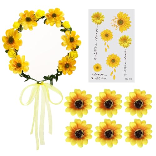 EnixwH Blumen Haarreif Einstellbar Sonnenblumen Haarreif Blumen mit 6 Haarnadel und 1 Aufkleber Sonnenblumen Haarschmuck für Mädchen und Damen Kostüm Blume für Sommer Frühling Hochzeit von EnixwH