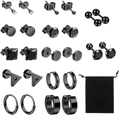 12Paar Ohrringe Herren Schwarz Männer Ohrstecker Herren Earrings Men für Männer und Damen Männer Ohrringe Piercing Ohr Lünette runde Coole Ohrstecker Tunnel Piercing für Männer Mit Aufbewahrungstasche von Eniyou