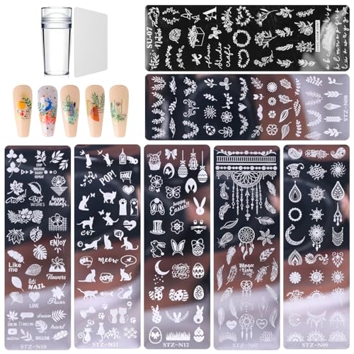 7 Stück Nagelstempel Neonail Stempel Nail Stamping Plate French Nails Stempel Stamping Schablone Kommt mit 1 Stempel 1 Schaber Werkzeugen für Mädchen Nagelkunst-Werkzeuge Zum Selbermachen von Eniyou