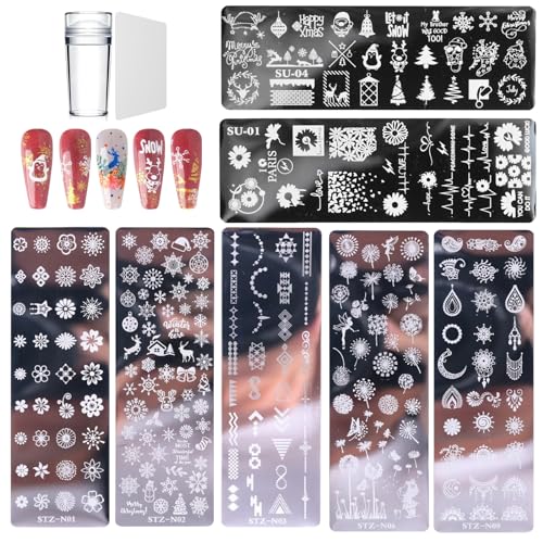 Nagelstempel Set 7 Stück Neonail Stempel Nail Stamping Plate French Nails Stempel Stamping Schablone Kommt mit 1 Stempel 1 Schaber Nagelkunst-Werkzeuge Zum Selbermache von Eniyou