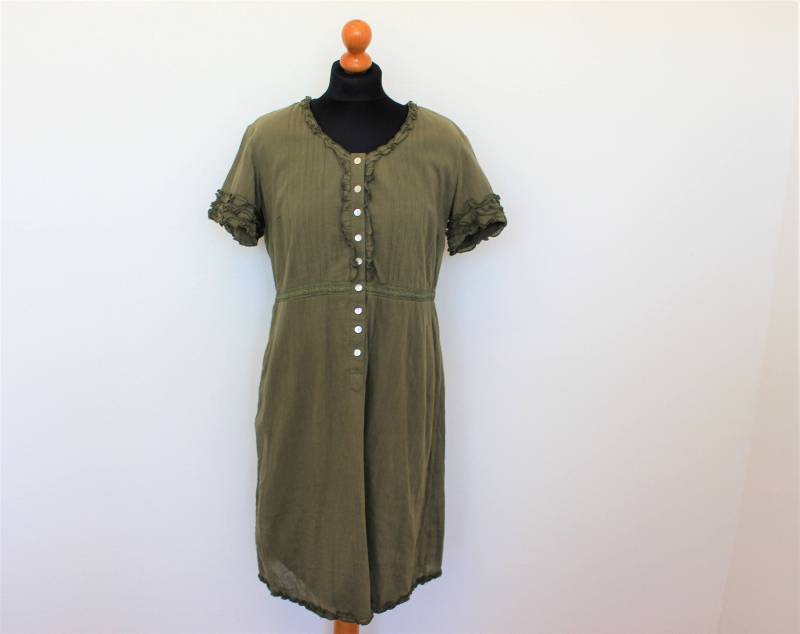 Khaki Tunika Olive Baumwolle Kleid Pullover Bestickt Sommerkleid Damen Dunkel Grün Feminin Kurta Kurzarm Mittlerer Größe von EnjoyMyVintage