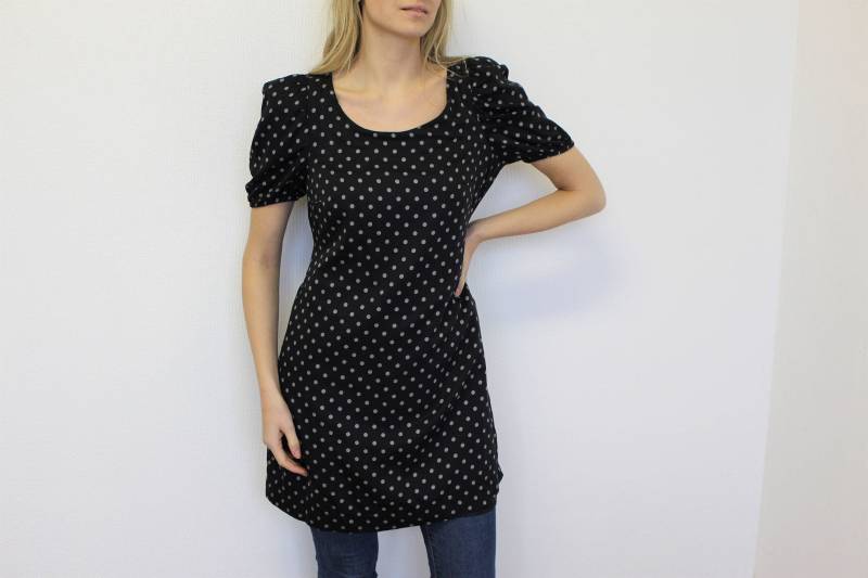 Polka Dot Kleid Tunika Ziped Schwarz Grau Big Dots Rundhalskleid Dotty Kurzärmelig Medium Bis Large von EnjoyMyVintage