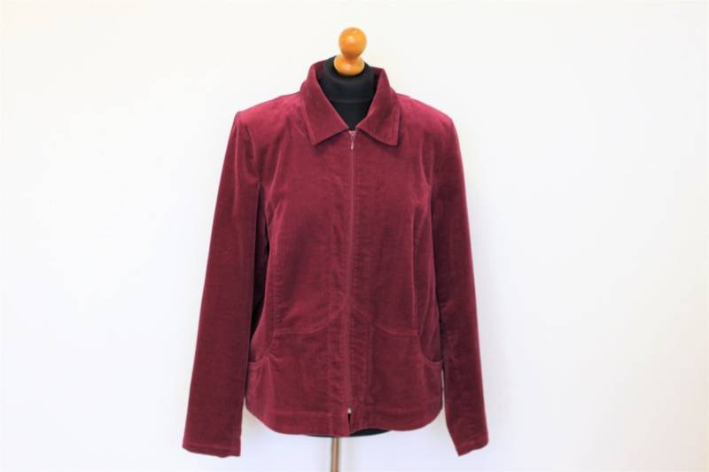 Roter Samt Jacke Maroon Samtblazer Zip Lila Damen Military Xl Große von EnjoyMyVintage