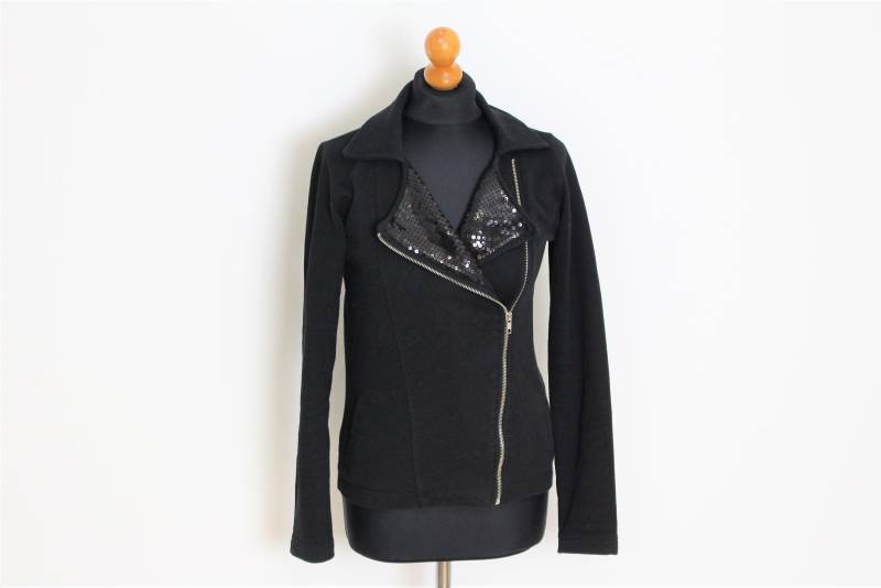 Schwarze Pailletten Blazer Rockerjacke Damen Gothic Military Festival Fitted Goth Jacke Reißverschluss Größe Medium von EnjoyMyVintage