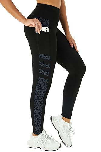 Enjoyoga Sport Leggings Damen mit Tasche - High Waist Sporthose Push Up Laufhose Blickdicht Sportleggins Lang für Sport Gym Yoga - M/0302 X -Schwarz Leopard von Enjoyoga