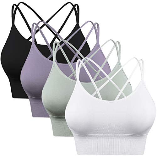 Enjoyoself 1–3 Packungen Damen Medium Support Yoga BHs Strappy Back Sport BH Crisscross Back Abnehmbare Pads Sexy Crop Tops für Workout Laufen Fitness Gr. Large, 4 x Schwarz/Violett/Grün/Weiß von Enjoyoself