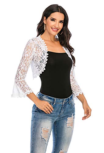 Enjoyoself Damen Bolero 3/4 Arm Elegant Hochzeit Spizen Jäckchen mit Trompetenärmel Dünne Jacke für zum Klied,Weiß,XXL von Enjoyoself