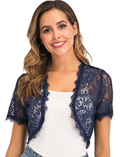 Enjoyoself Damen Festlich Spitzen Bolero Elegant Transparent Spitzenjacke Kurzarm Hochzeit Jäckchen zum Kleid,Navyblau,L von Enjoyoself