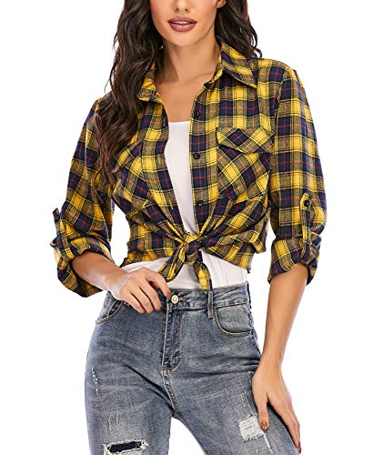 Enjoyoself Damen Flanellhemd 100% Baumwolle Langarm Holzfällerhemd Button-down Karierte Bluse für Alltag Oktoberfest Gelb,M von Enjoyoself