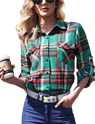 Enjoyoself Damen Flanellhemd 100% Baumwolle Langarm Holzfällerhemd Button-down Karierte Bluse für Alltag Oktoberfest Grün(breit Karo),XXL von Enjoyoself