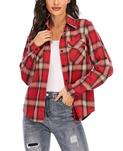 Enjoyoself Damen Flanellhemd 100% Baumwolle Langarm Holzfällerhemd Button-down Karierte Bluse für Alltag Oktoberfest Rot+Rosa,M von Enjoyoself