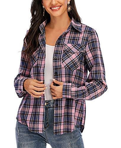 Enjoyoself Damen Flanellhemd Baumwolle Langarm Holzfällerhemd Button-down Karierte Bluse für Alltag Oktoberfest Rosa-blau,S von Enjoyoself