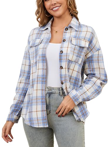 Enjoyoself Damen Flanellhemd Kariert Hemdjacke Langarm Karohemd mit Knopfleiste Casual Oversized Übergangsjacke Blau,L von Enjoyoself