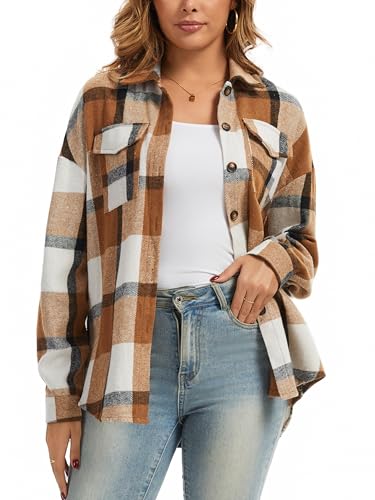 Enjoyoself Damen Flanellhemd Kariert Hemdjacke Langarm Karohemd mit Knopfleiste Casual Oversized Übergangsjacke Braun,XL von Enjoyoself
