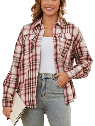 Enjoyoself Damen Flanellhemd Kariert Hemdjacke Langarm Karohemd mit Knopfleiste Casual Oversized Übergangsjacke Rosa,XL von Enjoyoself