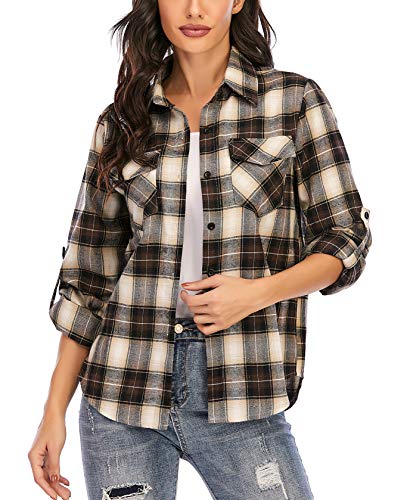 Enjoyoself Damen Flanellhemd Langarm Holzfäller Hemden 100% Baumwolle Button-down Karierte Bluse für Frühling Herbst Braun,L von Enjoyoself