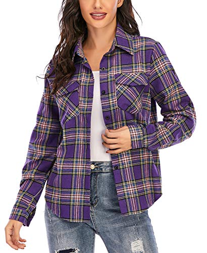 Enjoyoself Damen Flanellhemd Langarm Holzfäller Hemden 100% Baumwolle Button-down Karierte Bluse für Frühling Herbst Lila,XXL von Enjoyoself