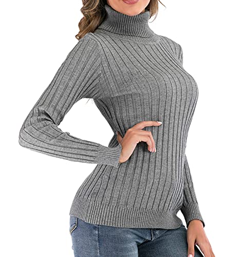 Enjoyoself Damen Gerippter Rollkragenpullover Feinstrick Elegant Langarm Strickpulli Stretch Warmer Winter Rolli,Grau,L von Enjoyoself