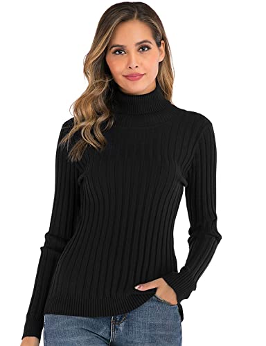 Enjoyoself Damen Gerippter Rollkragenpullover Feinstrick Elegant Langarm Strickpulli Stretch Warmer Winter Rolli,Schwarz,L von Enjoyoself