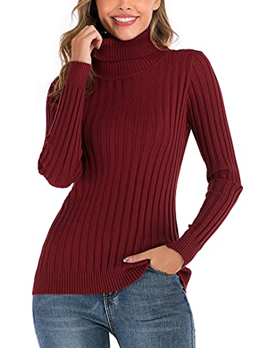 Enjoyoself Damen Gerippter Rollkragenpullover Feinstrick Elegant Langarm Strickpulli Stretch Warmer Winter Rolli,Weinrot,M von Enjoyoself