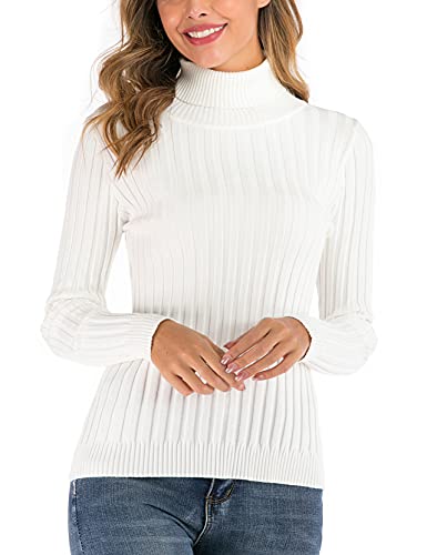 Enjoyoself Damen Gerippter Rollkragenpullover Feinstrick Elegant Langarm Strickpulli Stretch Warmer Winter Rolli,Wollweiß,M von Enjoyoself