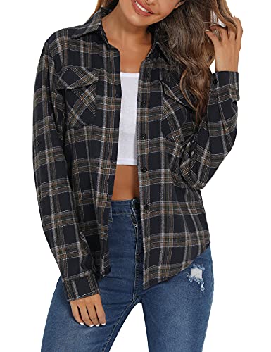 Enjoyoself Damen Karierte Bluse 100% Baumwolle Flanellhemd Langarm Holzfällerhemd Button-down Karobluse für Frühling Herbst Dunkelblau,L von Enjoyoself