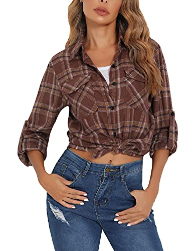 Enjoyoself Damen Karierte Bluse 100% Baumwolle Flanellhemd Langarm Holzfällerhemd Button-down Karobluse für Frühling Herbst Dunkelbraun,XXL von Enjoyoself